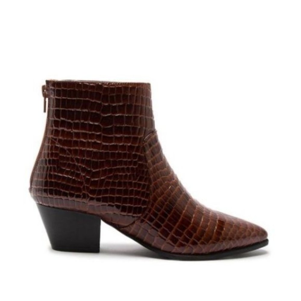 Chocolate Brown Croc Embossed Ankle Boots - Picture 4 of 6